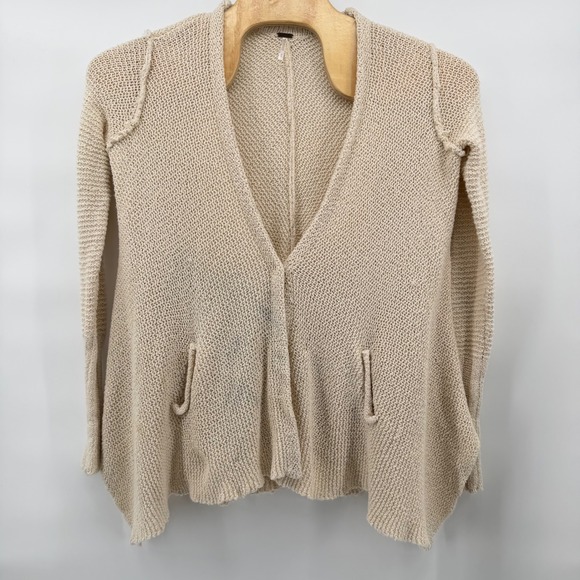 Free People Cream Knit Open Front Cardigan Sweater V Neck Pockets Medium - Picture 2 of 7